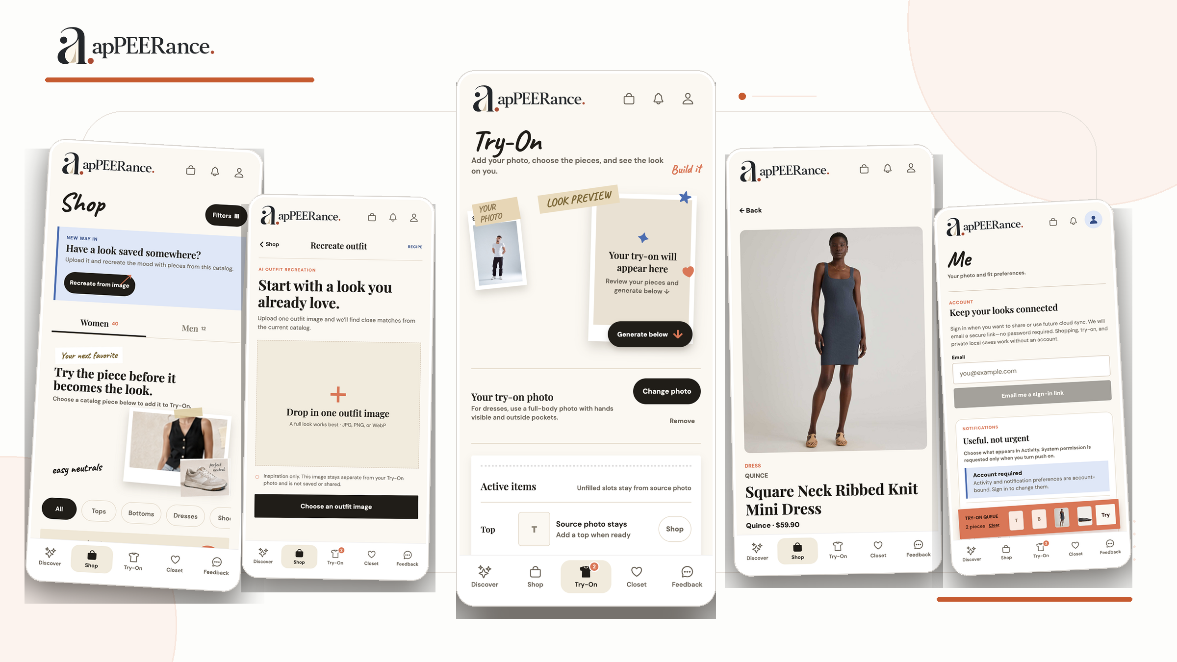 Current apPEERance app screens showing the try-on, closet, feedback, profile, and shopping-list experience
